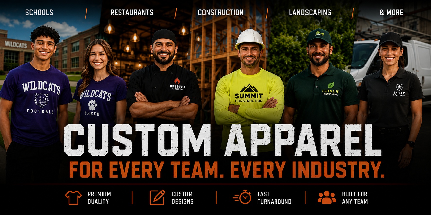 Custom apparel for every team and every industry - schools, restaurants, construction, landscaping, and more